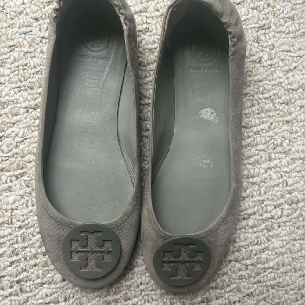 Tory Burch Shoes Womens Ballet Flats Grey Leather Casual Slip On Round Toe